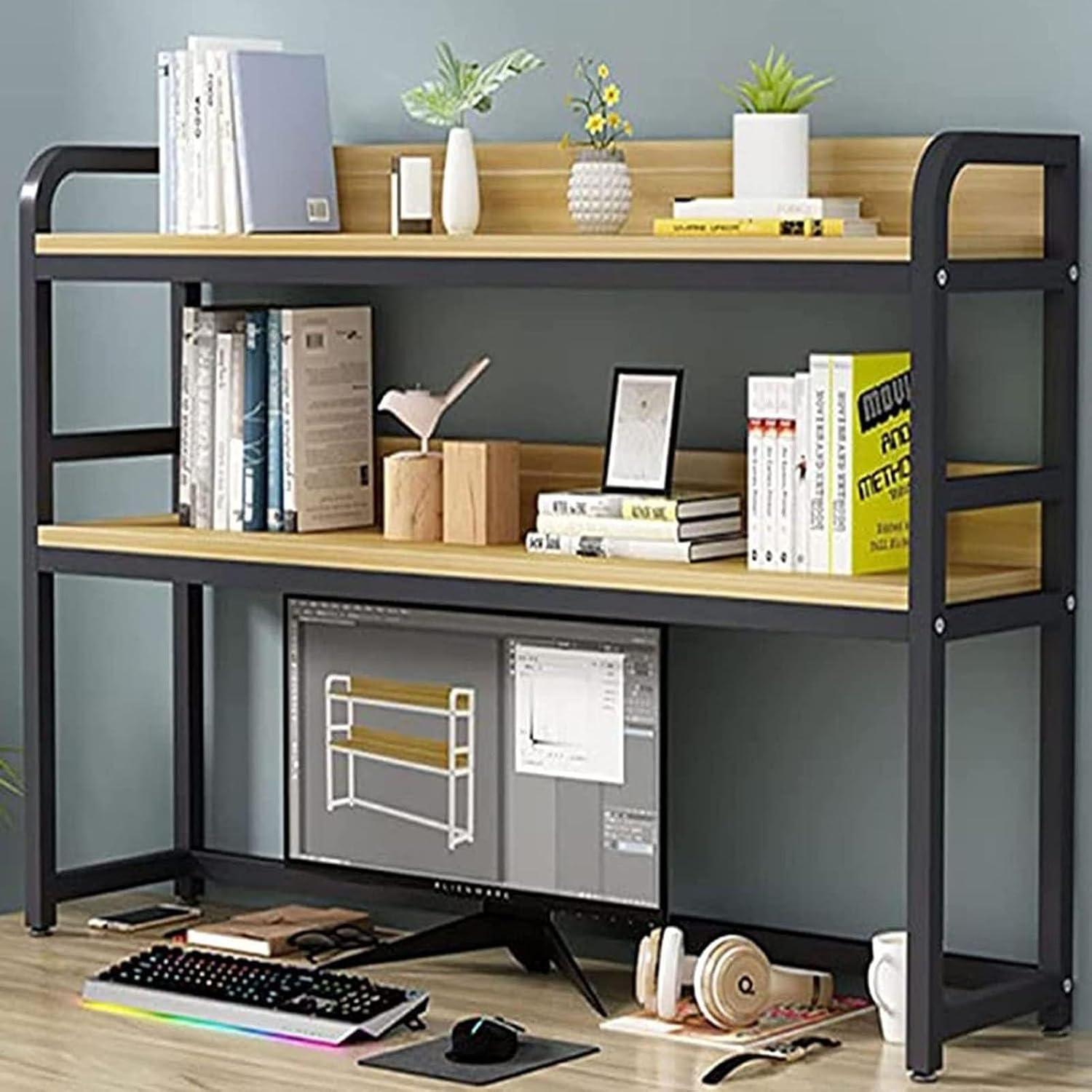 Dspvbmmzx 2段/本棚 - 木と金属のコンピューターオーガナイザーラック